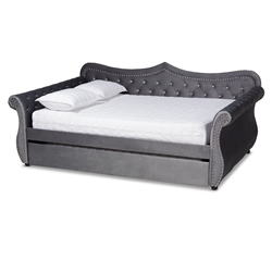 Baxton Studio Abbie Traditional and Transitional Grey Velvet Fabric Upholstered and Crystal Tufted Full Size Daybed with Trundle